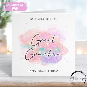Carte d'anniversaire personnalisée arrière-grand-mère avec éclaboussures roses, violettes et vertes Tout âge 50e 60e 65e 70e 75e 80e 85e 90e 90e 95e 100e