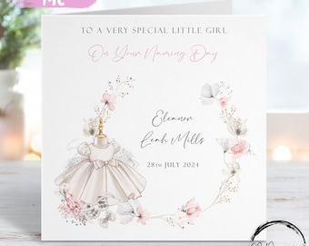 Personalised Little Girl Naming Day Card, Floral Wreath- Name and Date Greeting Card, Naming Day Keepsake For Her