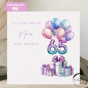 Carte d'anniversaire personnalisée Nan, tout âge, ballons multicolores pastel 40e, 50e, 60e, 70e, 75e, 80e, 85e, 90e, 95e, 100e