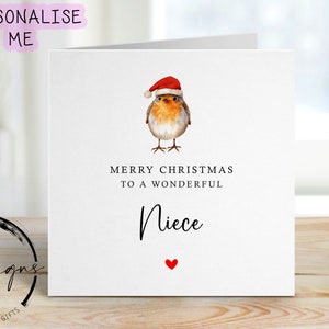 Kerstkaart voor nichtje met Robin met kerstmuts, vrolijk kerstfeest Wenskaart Eenvoudig ontwerp kerstkaart voor haar