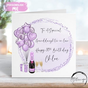 Carte d'anniversaire personnalisée belle-fille, thème ballons violets, tout âge 16e 17e 18e 21e 30e 40e 50e 60e 70e 80e