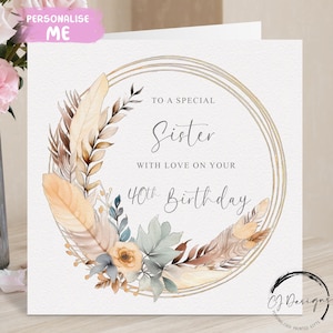 Carte d'anniversaire personnalisée avec plumes crème et cadre/couronne de fleurs Tout âge 21-30 40 50 60 65 70 75 80 85 90 100