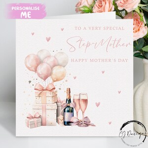 Belle-mère, carte de fête des mères en or rose, champagne, cadeau et ballons au choix, grande ou petite carte