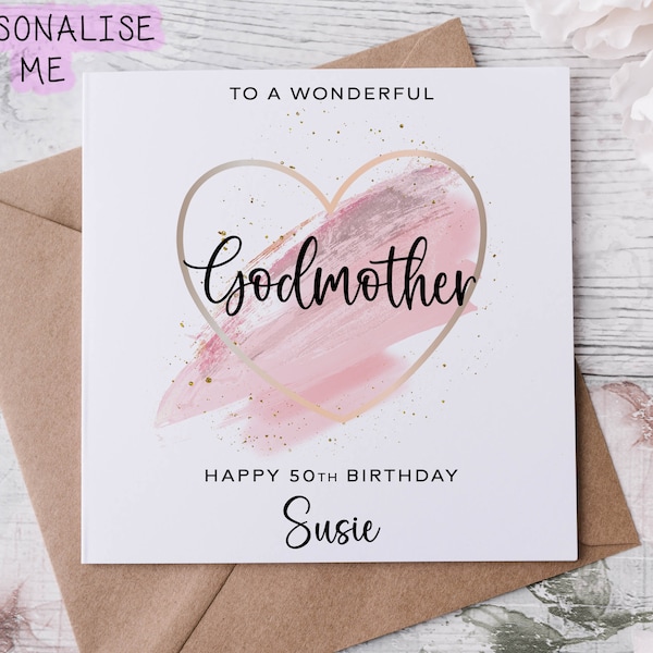 Personalised Godmother Birthday Card with Pink Heart Theme Design Age and Name  Card For Her 30th, 40th,50th, 60th, 70th, 80th