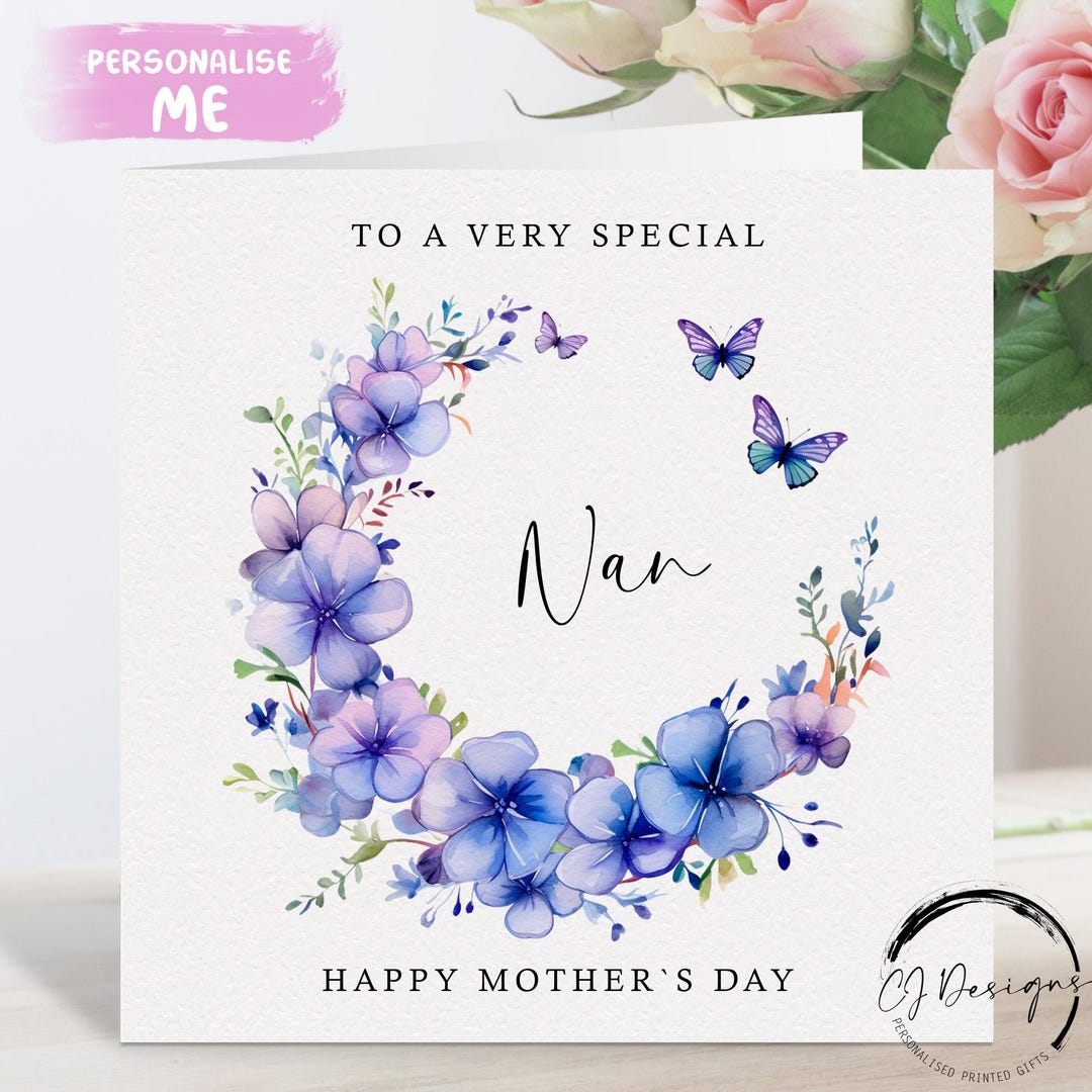 Nan Mothers Day Card Purple Floral Butterfly Wreath Any Wording Large ...