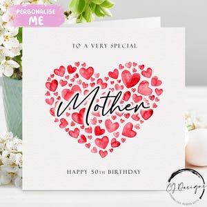 Personalisierte Mutter Geburtstagskarte, rote Herzen JEDE BESTELLUNG Jedes Alter 40.45.50.55.60.65.70.75.80.85.90.95.100
