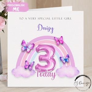 Cartão de aniversário personalizado para menina com arco-íris rosa - Ursinho de pelúcia fofo e arco-íris - Qualquer idade e nome para seu 1º, 2º, 3º, 4º, 5º, 6º, 7º, 8º e 9º ano