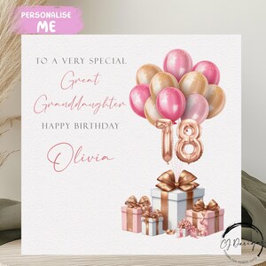 Carte d'anniversaire personnalisée arrière-petite-fille tout âge/nom rose et or rose ballons numéro 16e 18e 21e 30e 40e 45e 50e 60e 65e