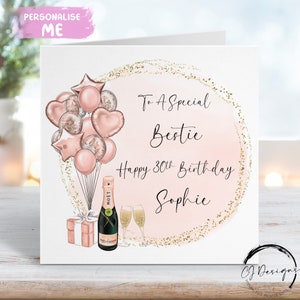 Carte d'anniversaire personnalisée Bestie, or rose et ballons à thème dorés Tout âge 14ème 15ème 16ème 17ème 18ème 19ème 20ème 21ème 30ème 40ème 50ème 50ème 60ème 70ème