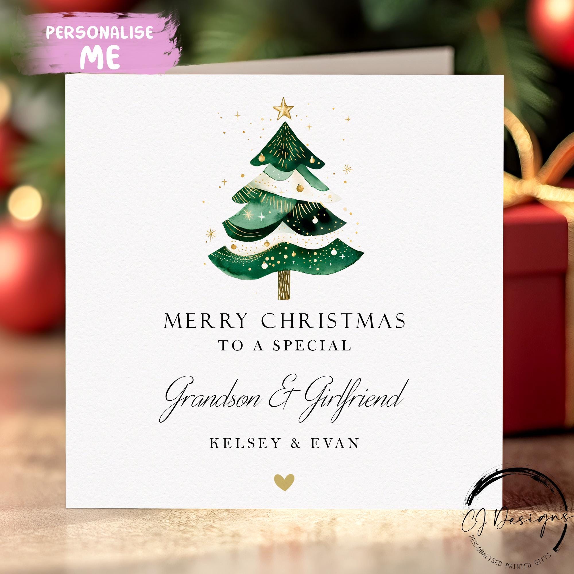 Personalised Grandson \u0026 Girlfriend Christmas Card, Couple Card Modern  Christmas Tree Design With Gold Heart Card 6\, image size:2000x2000