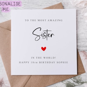 Carte d'anniversaire personnalisée pour soeur avec coeur rouge, Bestin the World - âge et nom, carte pour ses 30, 40, 50, 60 ans, tout âge