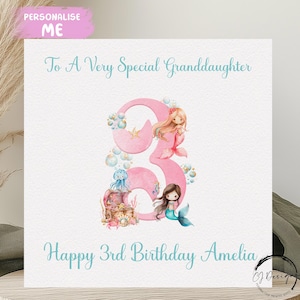 Cartão de aniversário personalizado para neta, nome de sereia rosa/cartão de felicitações para qualquer idade, 1º 2º 3º 4º 5º 6º 7º 8º 9º 10º lembrança