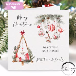 Gepersonaliseerde kerstkaart zoon en verloofde - rode boho, rustieke themakaart met namen