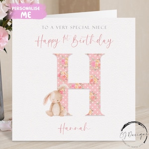 Cartão de aniversário personalizado para sobrinha, nome inicial e data, cartão de felicitações do alfabeto do coelho rosa, 1º, 2º, 3º, 4º, 5º, 6º, lembrança