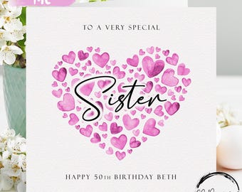 Carte d'anniversaire personnalisée pour soeur, coeurs roses