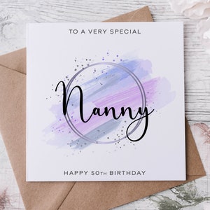 Carte d'anniversaire personnalisée pour nounou, membre de la famille spécial, joyeux anniversaire, carte d'âge pour lui 40e, 50e, 60e, 70e, 80e, tout âge, thème violet