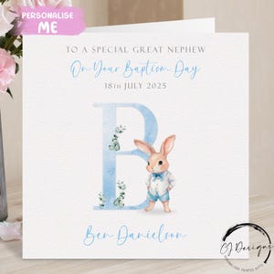 Tarjeta de bautismo de sobrino nieto personalizada con forma de conejo, tarjeta de felicitación con nombre inicial y fecha, recuerdo del día del bautismo