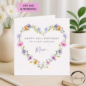 Birthday Card For Mum Personalised Wildflower Heart Design Any Age