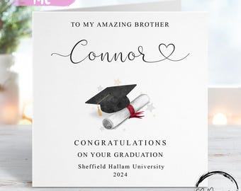 Gepersonaliseerde Brother-afstudeerkaart - met pet en scroll - hartnaam en universiteit