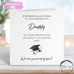 Tarjeta de graduación personalizada para papá (con birrete y pergamino), para mi/nuestro nombre y universidad, CUALQUIER AÑO.