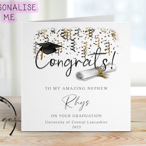 Carte personnalisée de remise des diplômes de neveu - avec casquette et parchemin - Nom et carte d'université - À mon/À notre - Thème or Félicitations