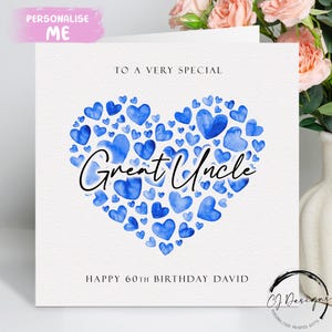 Carte d'anniversaire personnalisée grand oncle, coeurs bleus N'IMPORTE QUELLE FORMULE /ÂGE/ Prénom 40e 45e 50e 60e 65e 70e 75e 80e 85e 90e 100e