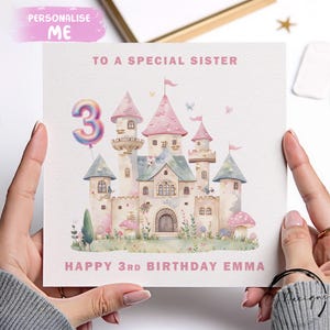 Personalisierte Geburtstagskarte für Schwester, rosa Schloss Alter Ballon 1.2.3.4.5.6.7.8.9.10