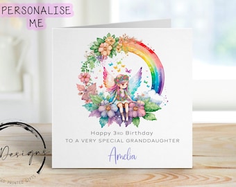 Biglietto d'auguri personalizzato per la nipotina con fatina, con nome ed età - Ghirlanda di fiori e arcobaleno
