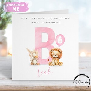 Cartão de aniversário personalizado para afilhada com inicial de leão e pato - nome e idade - para ela QUALQUER IDADE 1º 2º 3º 4º 5º 6º 7º 8º 9º 10º