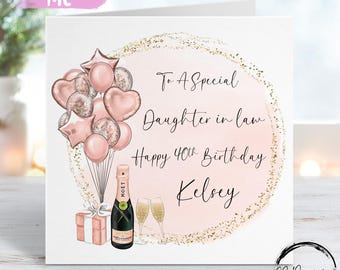 Cartão de aniversário personalizado para nora com tema de balões em ouro rosa para qualquer idade.