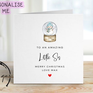 Little Sis Christmas Card - Personalised Card with Blue Theme Snowman Snowglobe