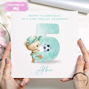 Personalisierte Enkel Geburtstagskarte, grüner Fußball-Teddybär-Zahlenkarte, 1.2.3.4.5.6.7.8.9.10