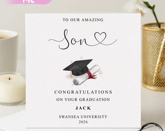 Personalised Son Graduation Card- with Cap & Scroll- Name and University - 6" or 8" ANY YEAR