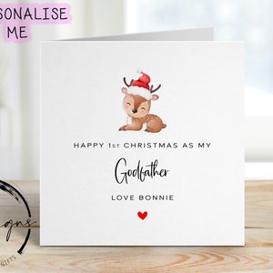 Cartão de Natal personalizado 1º Natal como meu padrinho - Rena bebê com chapéu de Natal