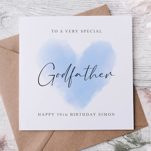 Tarjeta de cumpleaños personalizada para el padrino, tarjeta de cumpleaños con corazón azul para él (30, 40, 50, 60, 16, 18 y 21 años) Cualquier edad y nombre