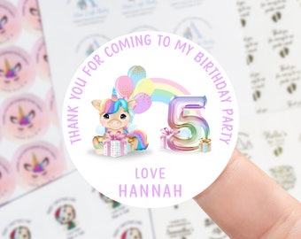 Personalised  Unicorn Birthday Stickers -Birthday Party Bag Thank You Sticker - Pink/Blue Sweet Cone Stickers 37mm/45mm/51mm/64mm