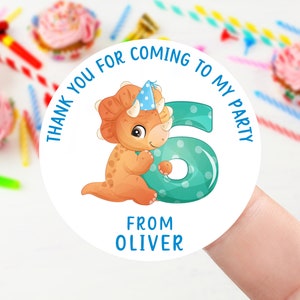 Personalised Birthday Stickers - Age 1-9 Cute Dinosaur Birthday Party Bag Thank You Sticker 37mm/45mm /51mm/64mm- Sweet Cone Labels