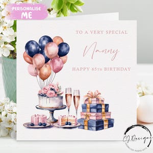 Carte d'anniversaire personnalisée pour nounou en or rose, rose, bleu, cadeau et ballons Tout âge 40e 45e 50e 55e 60e 65e 70e 75e 80e 85e 90e 95e
