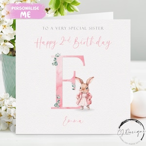 Personalisierte Schwester Geburtstagskarte, Anfangsname / Datum Rosa Häschen-Alphabet Grußkarte jedes Alter, 1