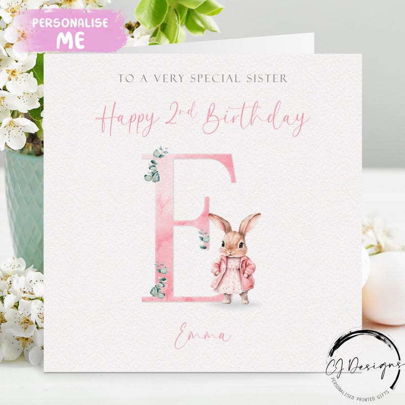 Personalised Sister pink bunny rabbit  birthday Card