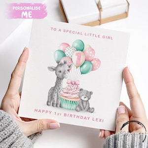 Cartão de aniversário personalizado para menina, rosa e verde com balão de girafa e tigre, idade 1, 2, 3, 4, 5, 6, 7, 8, 9, 10, idade 1-12