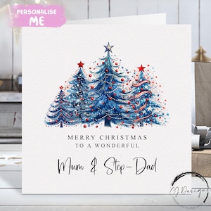 Carte de Noël pour maman et beau-père, thème bleu et rouge, sapins de Noël pour parents