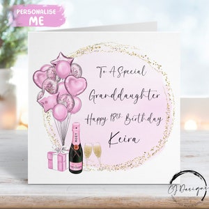 Biglietto di auguri di compleanno personalizzato per nipote - Tema rosa e oro con palloncini. Qualsiasi età: 14°, 15°, 16°, 17°, 18°, 19°, 20°, 21°, 30°, 40°, 50°.