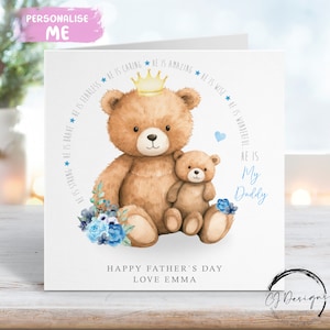 Gepersonaliseerde papa-teddybeer-vaderdagkaart voor maximaal 5 kinderen, papa en babybeer - elke tekst is mogelijk