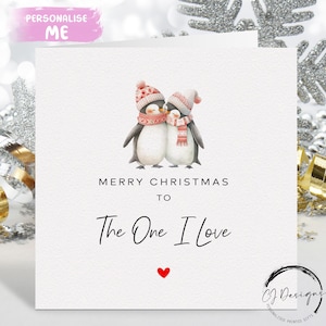 Tarjeta navideña de The One I Love: tarjeta con pareja de pingüinos y corazón rojo