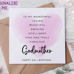 Tarjeta de cumpleaños personalizada para madrina con cita y afirmación, ideal para los días 16, 18, 21, 40, 50 y 60. Cualquier edad o nombre.