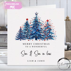 Biglietto di Natale personalizzato per genero e figlio Tema blu e rosso con nomi Biglietto di Natale con alberi