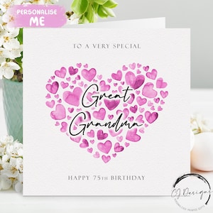 Carte d'anniversaire personnalisée arrière-grand-mère, coeurs roses
