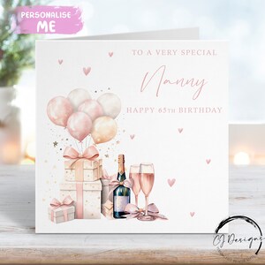 Carte d'anniversaire personnalisée pour nounou design or rose champagne, cadeau et ballons Tout âge/nom 50e 55e 60e 65e 70e 75e 80e 90e 100e