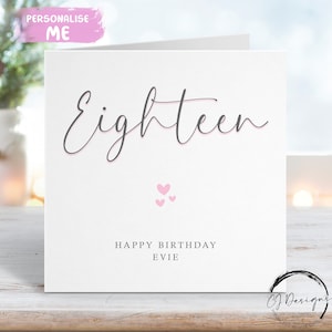Carte d'anniversaire personnalisée pour 18 ans - Carte de voeux calligraphique imprimée rose et grise pour tous les âges 16, 21, 30, 40 ans, 50 ans, 60 ans, 70 ans, 80 ans, 90 ans,